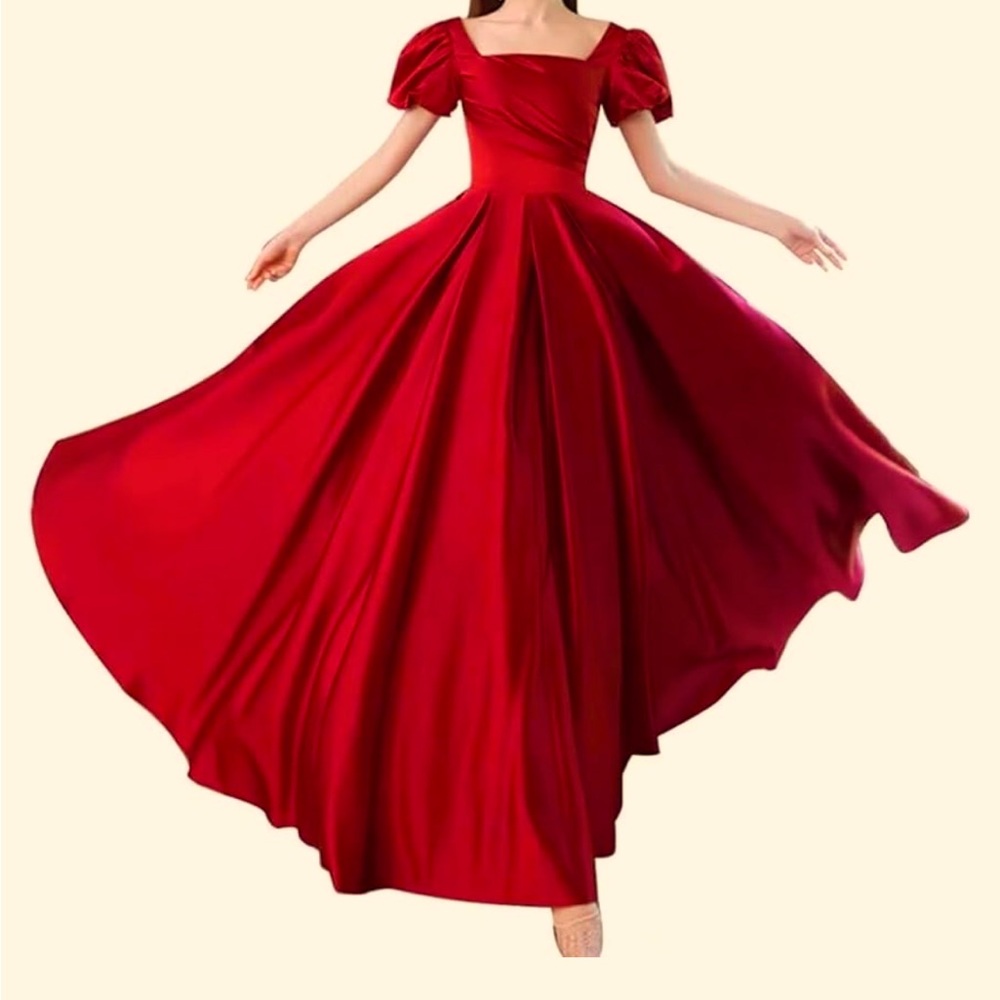 Puffy sleeve red satin gown